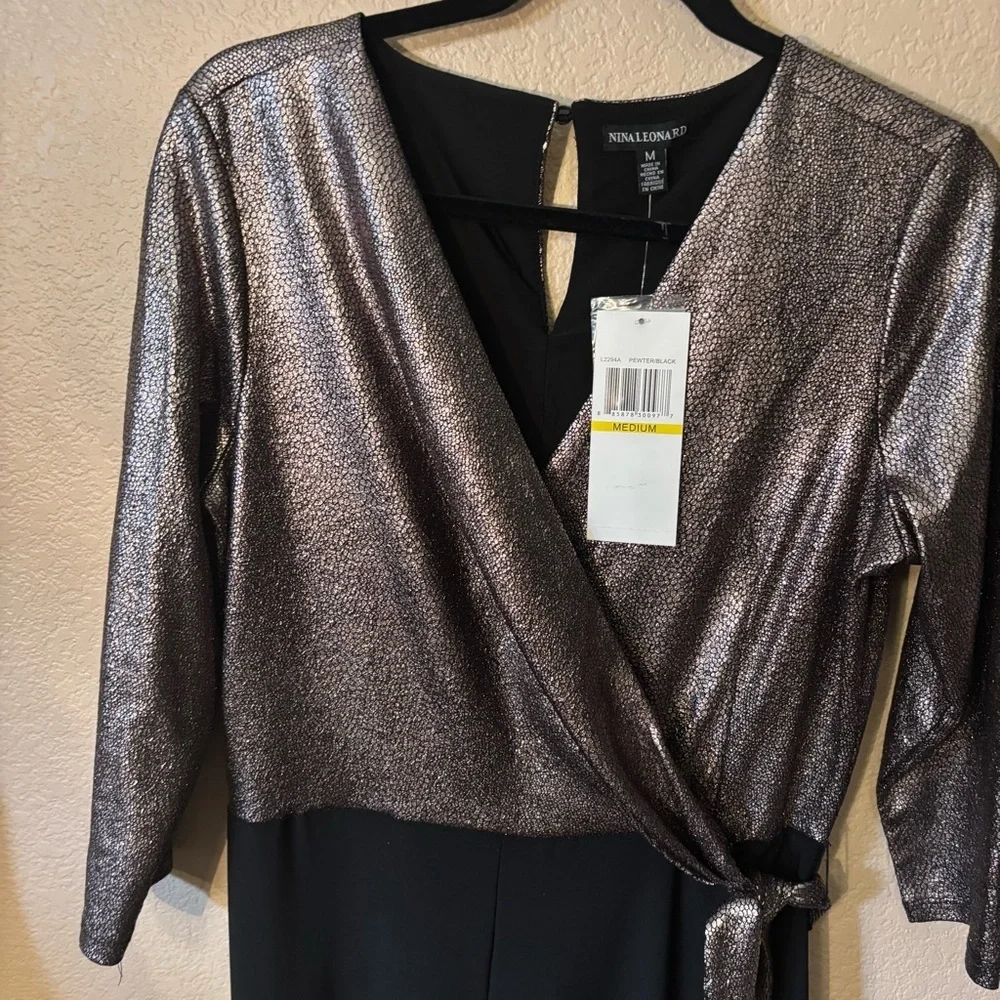 NWT Nina Leonard Jumpsuit Medium Metallic Silver Reptile Print Black Pants Flowy - Picture 2 of 15